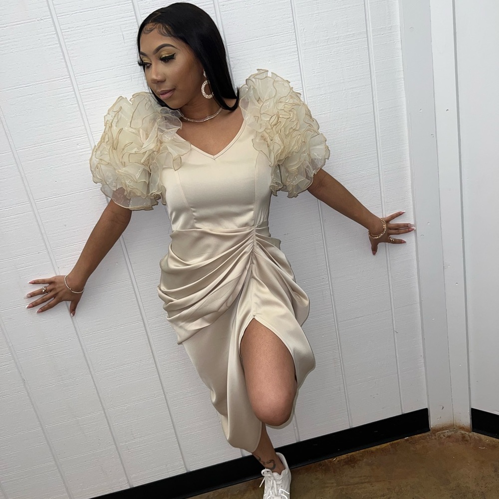 Tan puffer sleeve dress